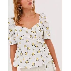ASOS 100% Cotton White Yellow Ditzy Floral Sweetheart Cottagecore Wrap Top